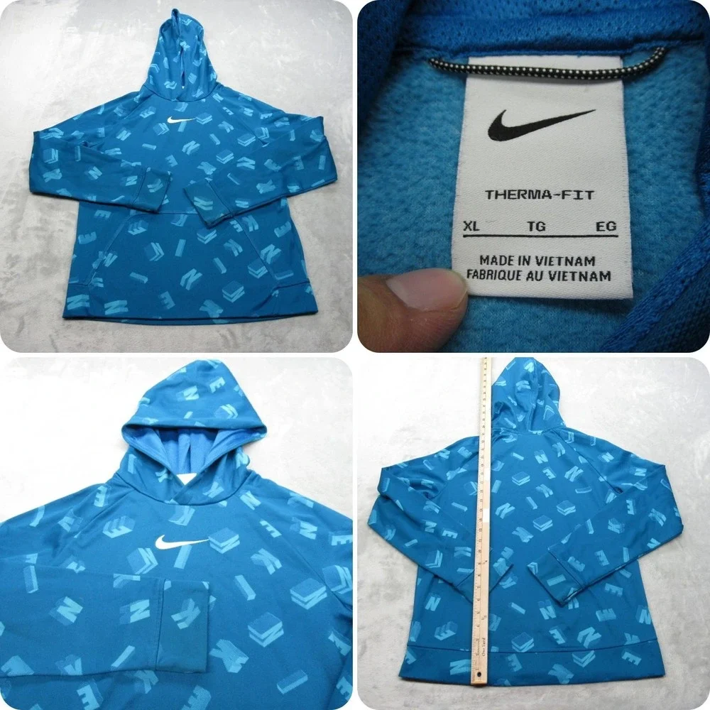 Nike Therma-FIT Hoodie Youth‎ XL Sea Blue Center Swoosh Pullover Sweatshirt AOP